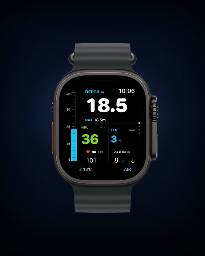 DiveCore Technical dive screen on Apple Watch Ultra — depth, NDL, TTS, heart rate